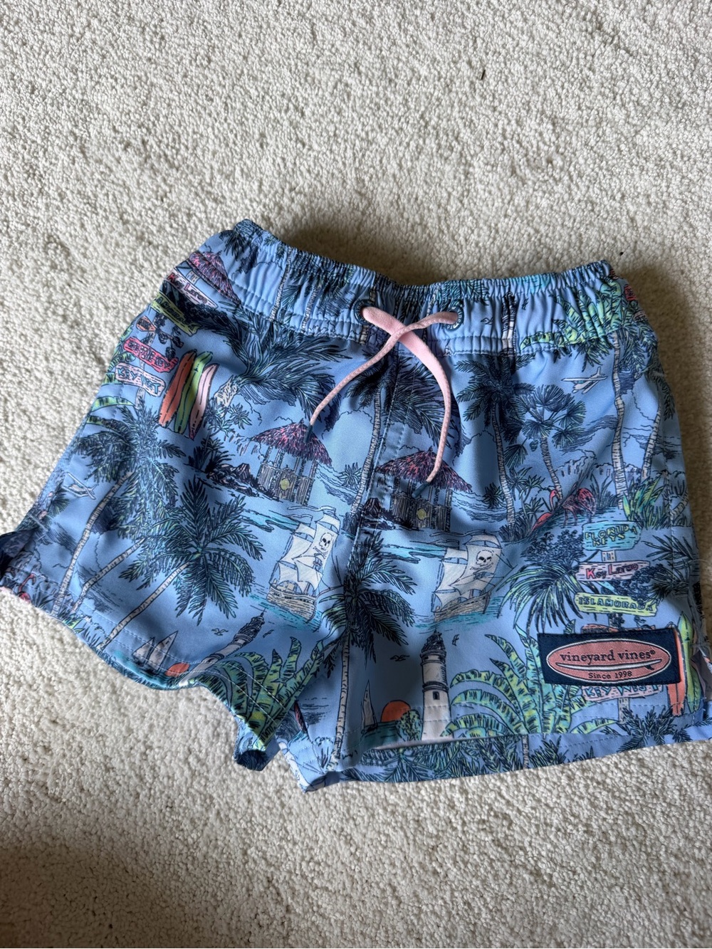 Vineyard Vines Light Blue Tropical Print Women’s Shorts with Pink Drawstring